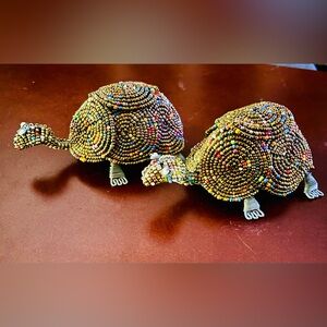 Handmade Beaded Turtle Figurines - Brown Multicolor Shell Set